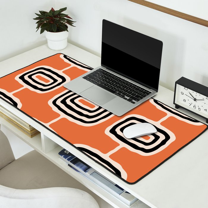 Mid Century Modern Atomic Rings Pattern 239 Black Beige and Orange Desk Mat Gallery Image 2