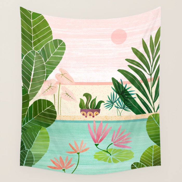 Morocco Meditation Garden - Pink and Green Landscape Wall Tapestry Gallery Image 4