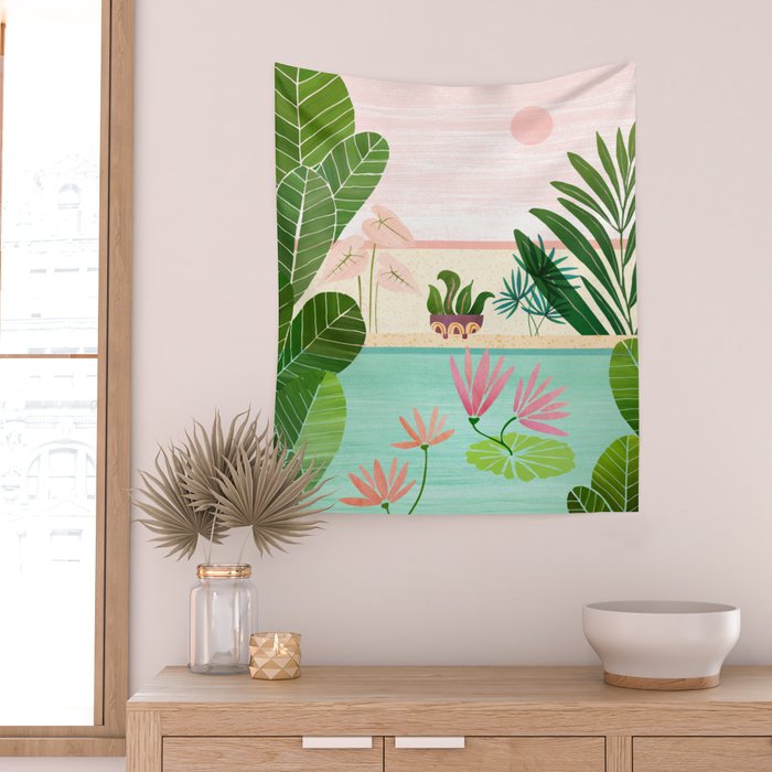 Morocco Meditation Garden - Pink and Green Landscape Wall Tapestry Gallery Image 2