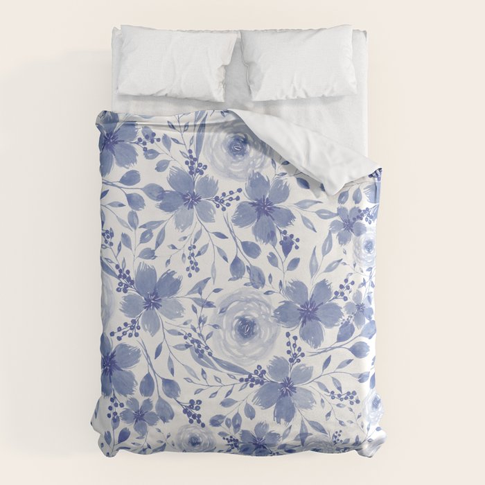 Blue and White Watercolor Florals Duvet Cover Gallery Image 6
