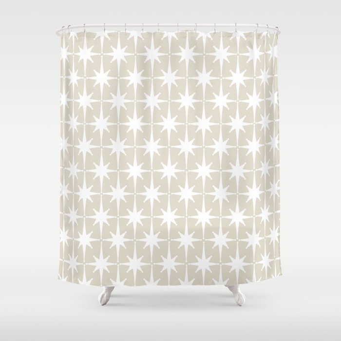 Midcentury Modern Atomic Starburst Pattern in Beige and White  Shower Curtain Gallery Image 1