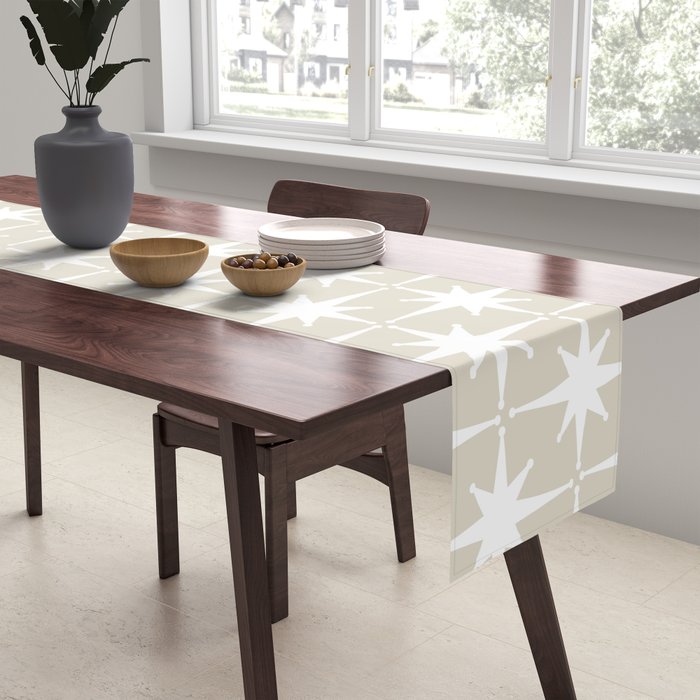 Midcentury Modern Atomic Starburst Pattern in Beige and White  Table Runner Gallery Image 2