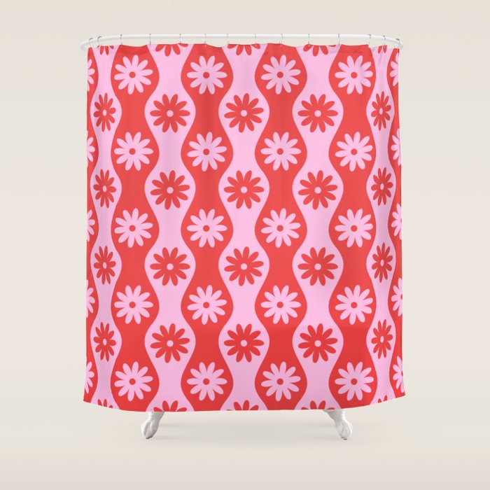 Retro Wavy Stripes with Flowers in Pink & Red Shower Curtain Gallery Image 1