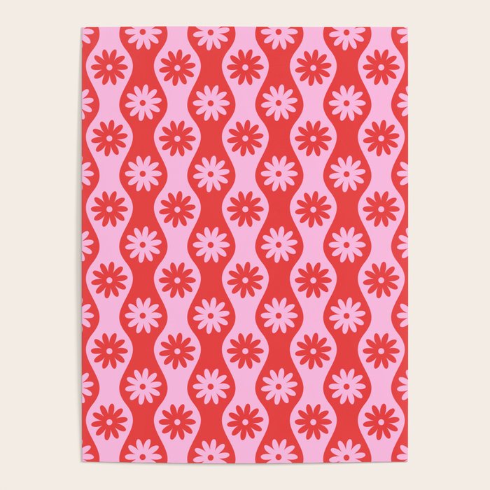 Retro Wavy Stripes with Flowers in Pink & Red Poster Gallery Image 4