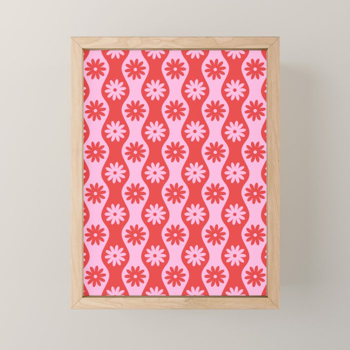 Retro Wavy Stripes with Flowers in Pink & Red Mini Art Print Gallery Image 1