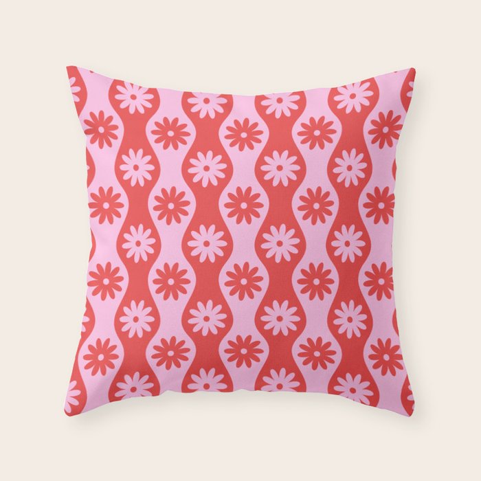 Retro Wavy Stripes with Flowers in Pink & Red Throw Pillow Gallery Image 6