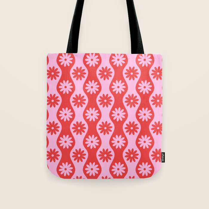 Retro Wavy Stripes with Flowers in Pink & Red Tote Bag Gallery Image 1