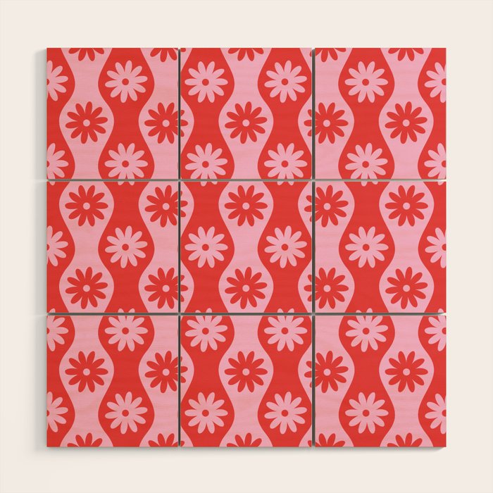 Retro Wavy Stripes with Flowers in Pink & Red Wood Wall Art Gallery Image 1