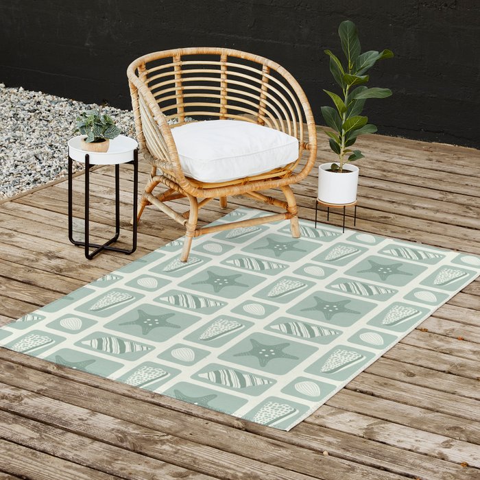 Retro marine sea shell art pattern Outdoor Rug Gallery Image 2