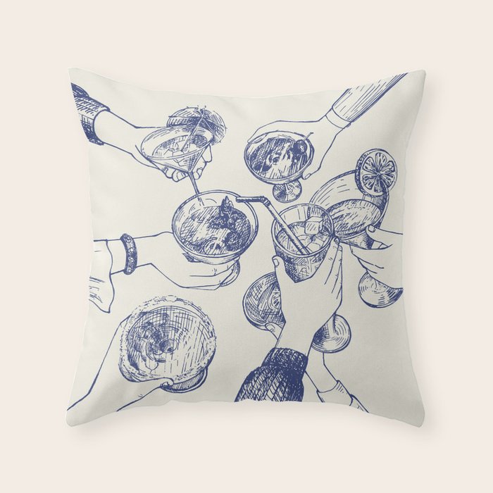 Cheers Dears - Blue Vintage Cocktails Illustration Throw Pillow Gallery Image 6