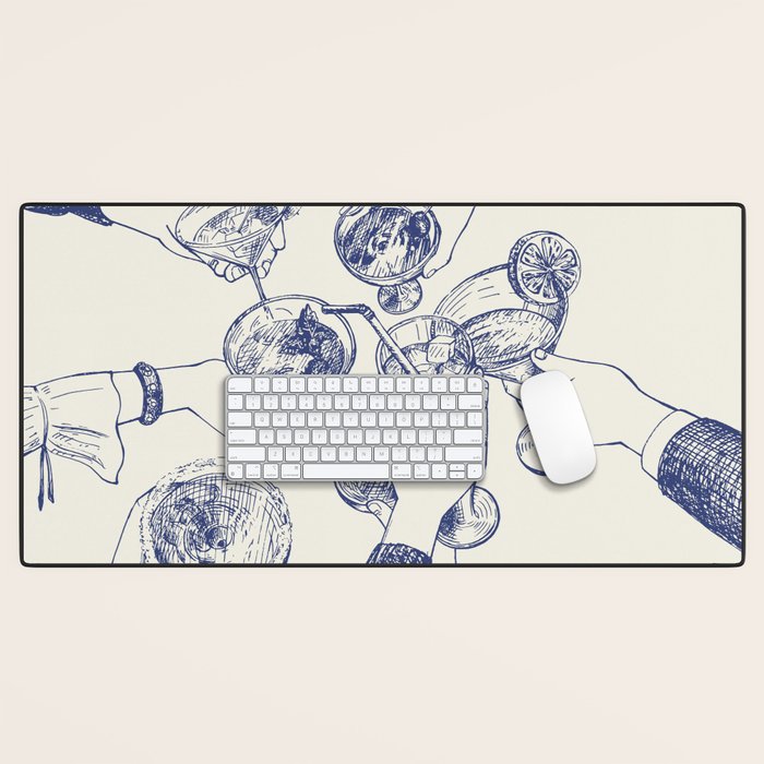 Cheers Dears - Blue Vintage Cocktails Illustration Desk Mat Gallery Image 1