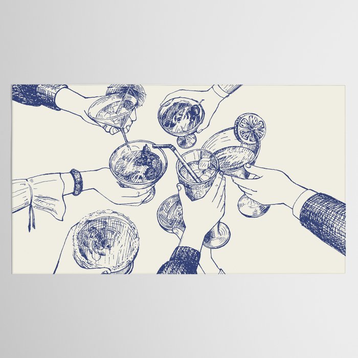 Cheers Dears - Blue Vintage Cocktails Illustration Tablecloth Gallery Image 2