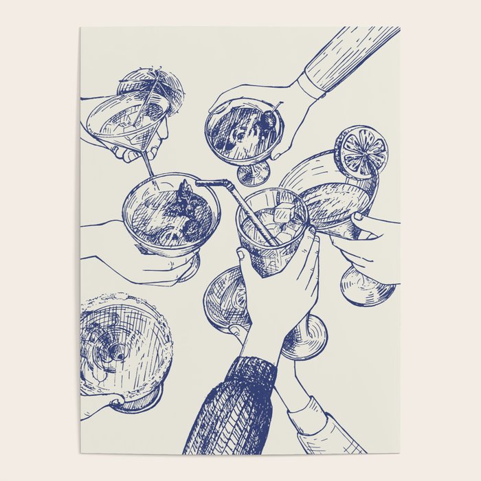 Cheers Dears - Blue Vintage Cocktails Illustration Poster