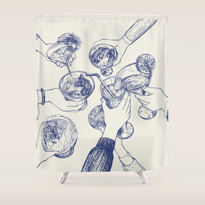 Cheers Dears - Blue Vintage Cocktails Illustration Shower Curtain Gallery Image 1
