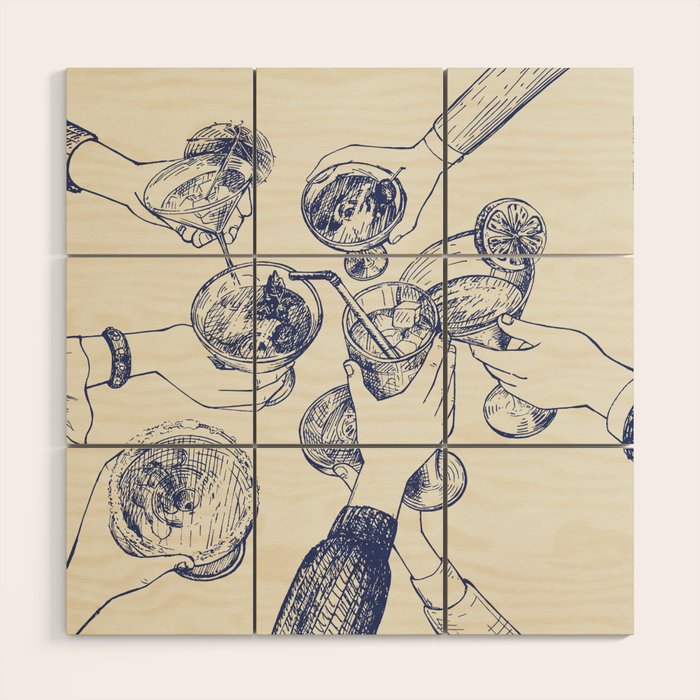Cheers Dears - Blue Vintage Cocktails Illustration Wood Wall Art Gallery Image 1