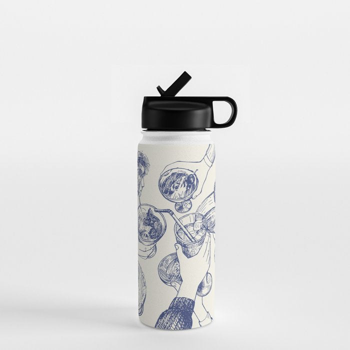 Cheers Dears - Blue Vintage Cocktails Illustration Water Bottle Gallery Image 1