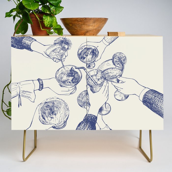 Cheers Dears - Blue Vintage Cocktails Illustration Credenza Gallery Image 1
