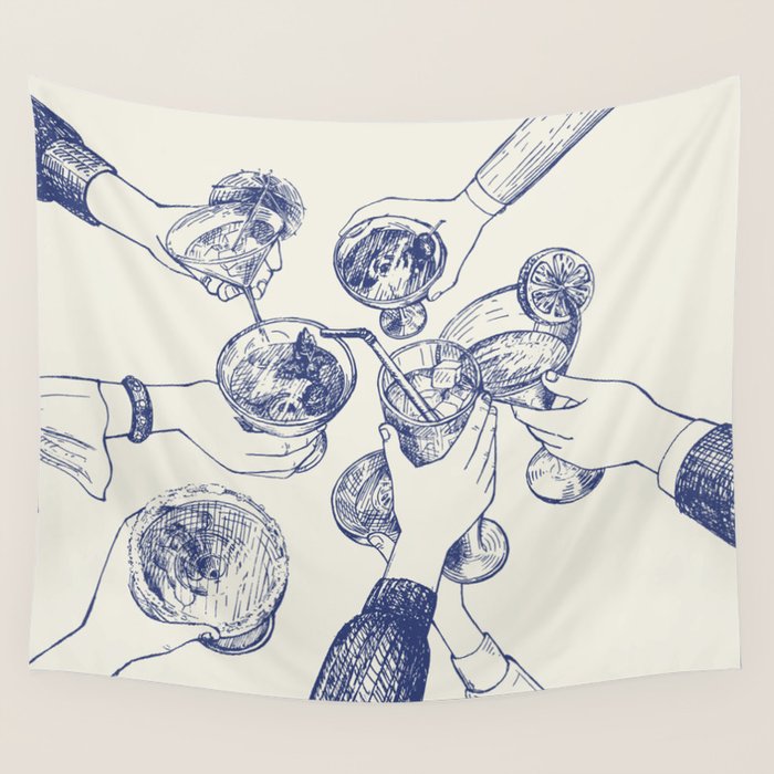 Cheers Dears - Blue Vintage Cocktails Illustration Wall Tapestry Gallery Image 4