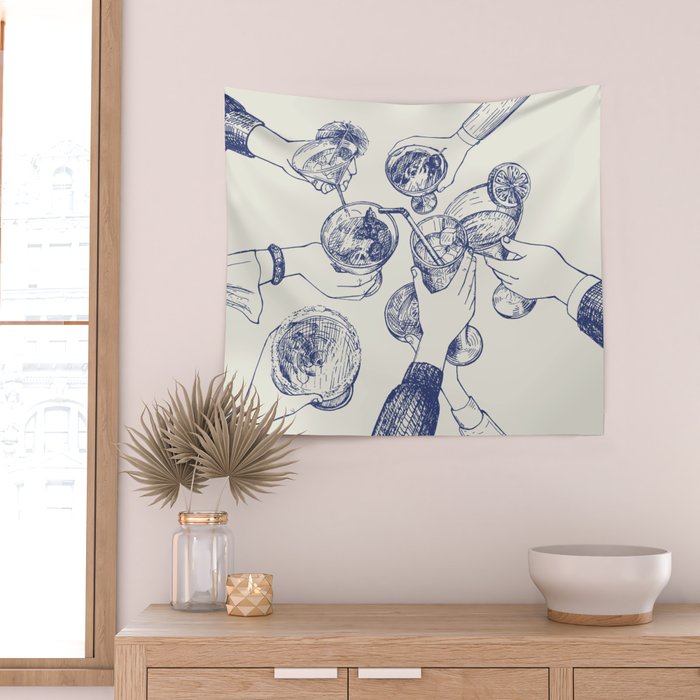 Cheers Dears - Blue Vintage Cocktails Illustration Wall Tapestry Gallery Image 2