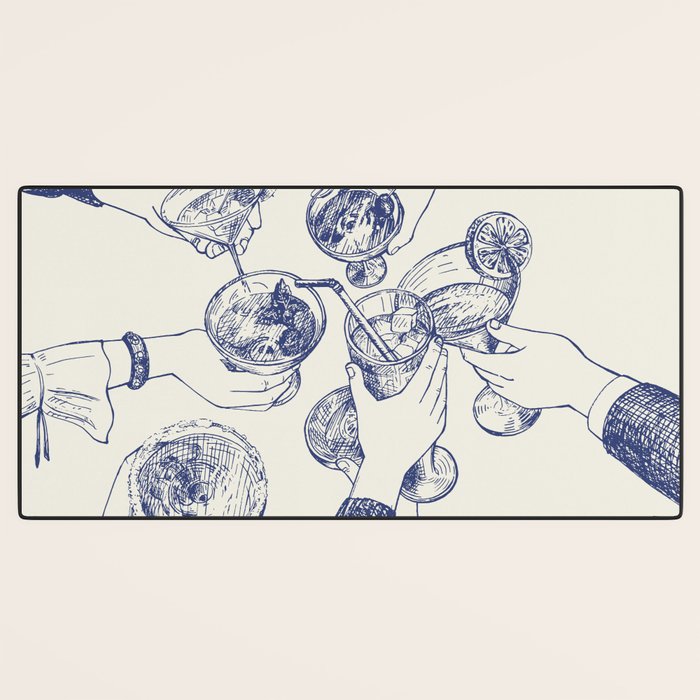 Cheers Dears - Blue Vintage Cocktails Illustration Desk Mat Gallery Image 3