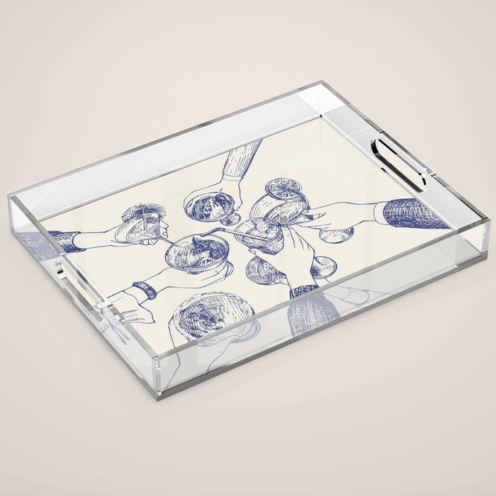 Cheers Dears - Blue Vintage Cocktails Illustration Acrylic Tray Gallery Image 1
