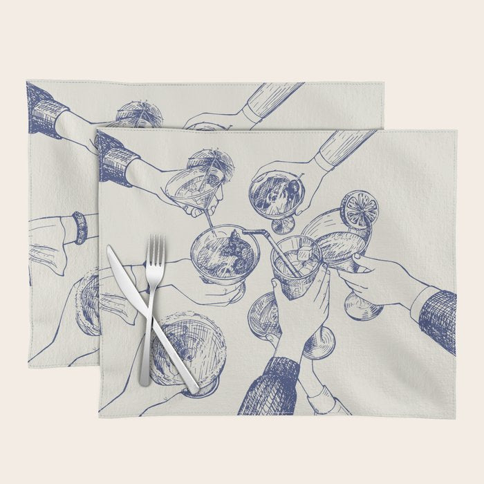 Cheers Dears - Blue Vintage Cocktails Illustration Placemat Gallery Image 1