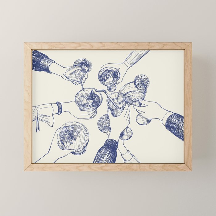 Cheers Dears - Blue Vintage Cocktails Illustration Mini Art Print Gallery Image 1