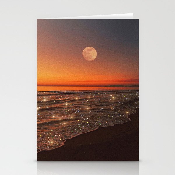 SUNSET WITH A FULL MOON | collage | nature | warm | ocean | sea | glitter | glow | waves | sky bling Stationery Card Gallery Image 2
