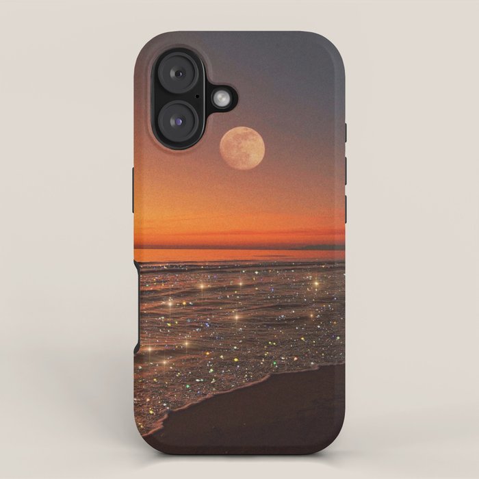SUNSET WITH A FULL MOON | collage | nature | warm | ocean | sea | glitter | glow | waves | sky bling iPhone Case Gallery Image 1