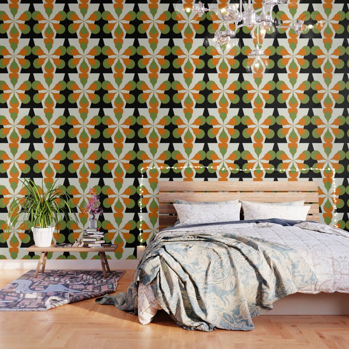 Mid-Century Modern Art 1.4 - Green & Orange Flower Wallpaper Gallery Image 1