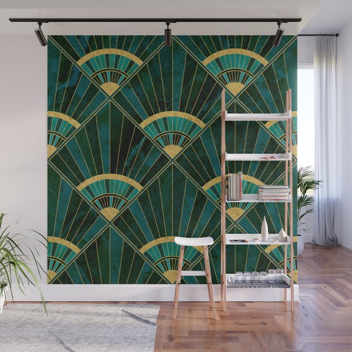 Art Deco Real Green Marbled Geometric Pattern Wall Mural Gallery Image 1