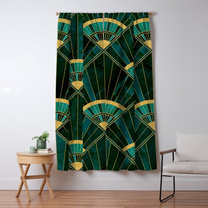Art Deco Real Green Marbled Geometric Pattern Window Curtain Gallery Image 1