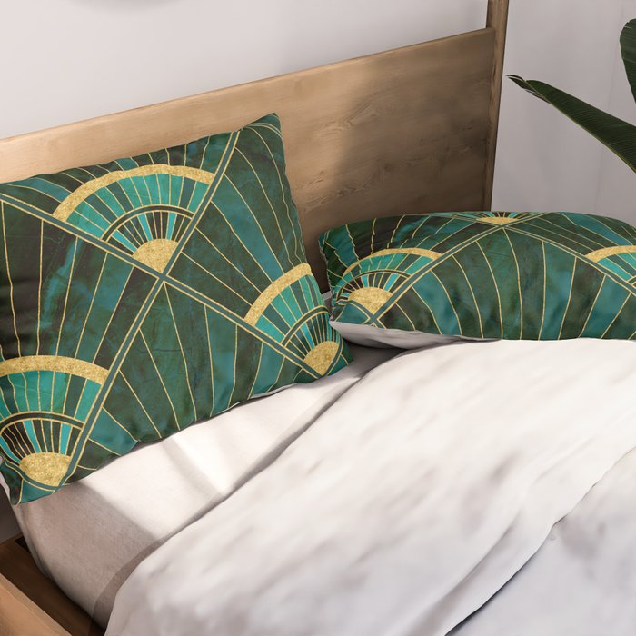 Art Deco Real Green Marbled Geometric Pattern Pillow Sham Gallery Image 2