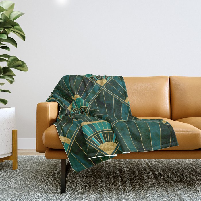 Art Deco Real Green Marbled Geometric Pattern Throw Blanket Gallery Image 1
