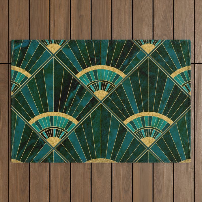 Art Deco Real Green Marbled Geometric Pattern Outdoor Rug Gallery Image 1