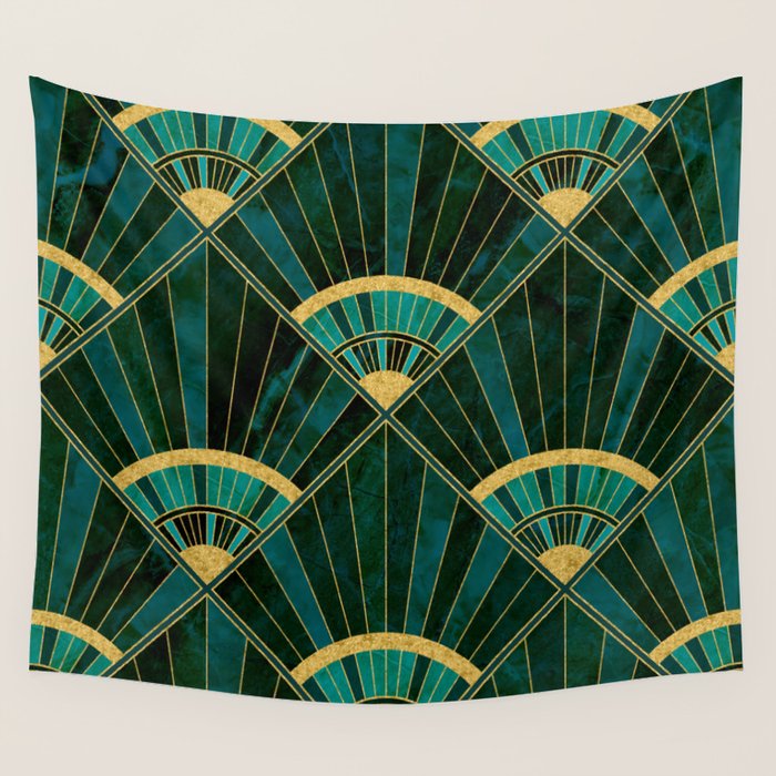 Art Deco Real Green Marbled Geometric Pattern Wall Tapestry Gallery Image 4