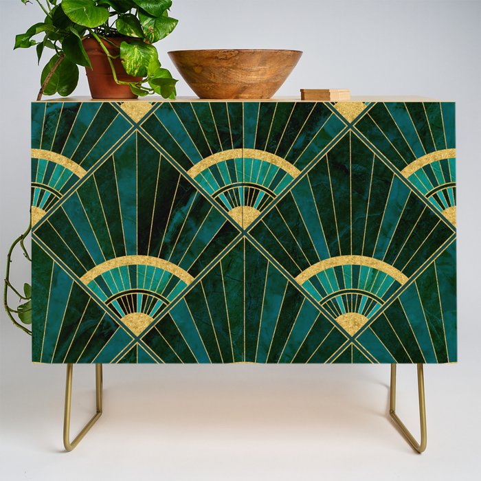 Art Deco Real Green Marbled Geometric Pattern Credenza Gallery Image 1