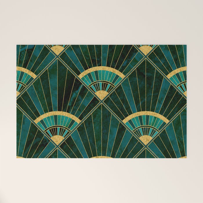 Art Deco Real Green Marbled Geometric Pattern Welcome Mat Gallery Image 1