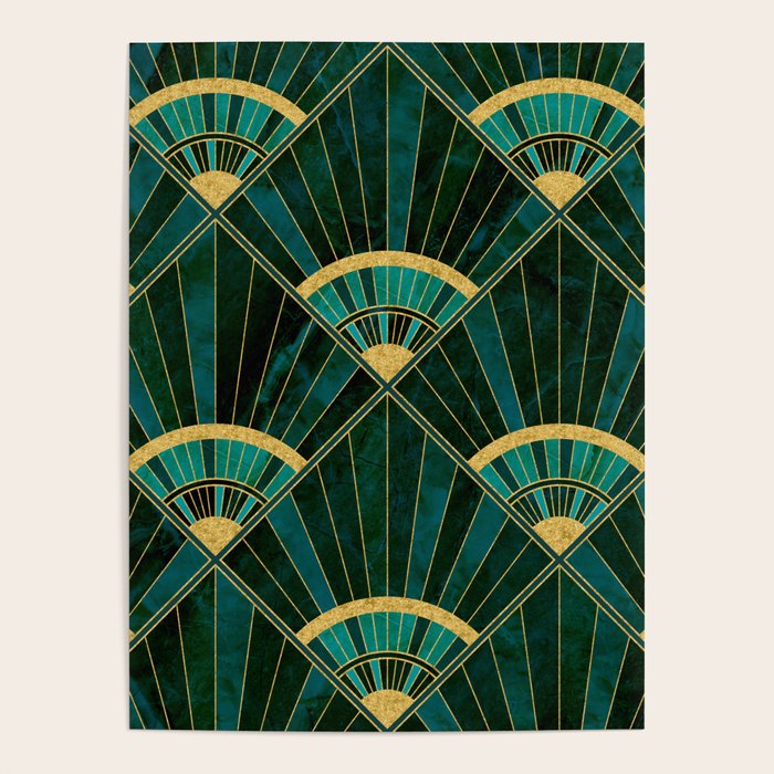 Art Deco Real Green Marbled Geometric Pattern Poster Gallery Image 1