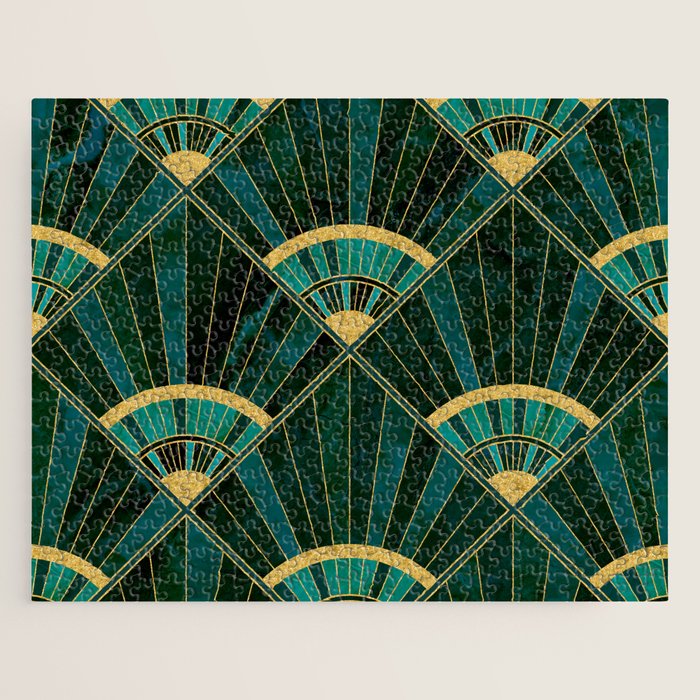 Art Deco Real Green Marbled Geometric Pattern Jigsaw Puzzle Gallery Image 1