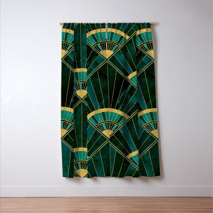 Art Deco Real Green Marbled Geometric Pattern Window Curtain Gallery Image 3
