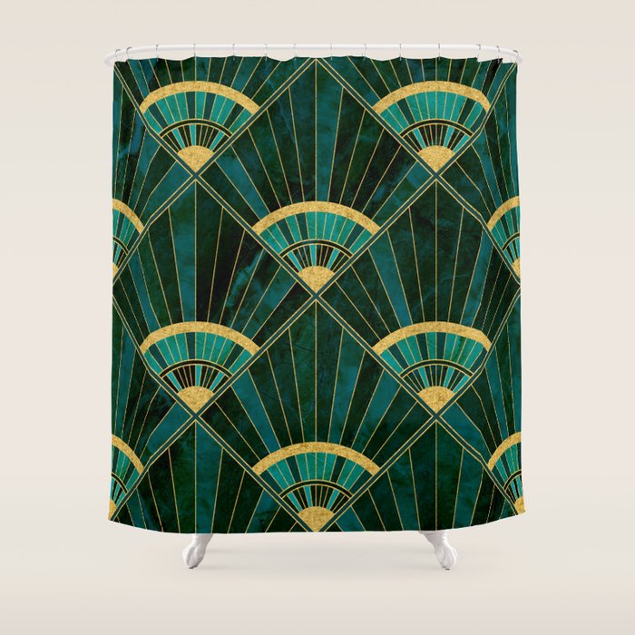 Art Deco Real Green Marbled Geometric Pattern Shower Curtain Gallery Image 1