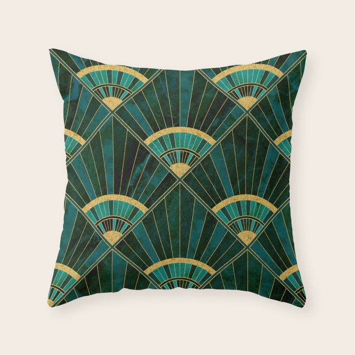 Art Deco Real Green Marbled Geometric Pattern Throw Pillow Gallery Image 1