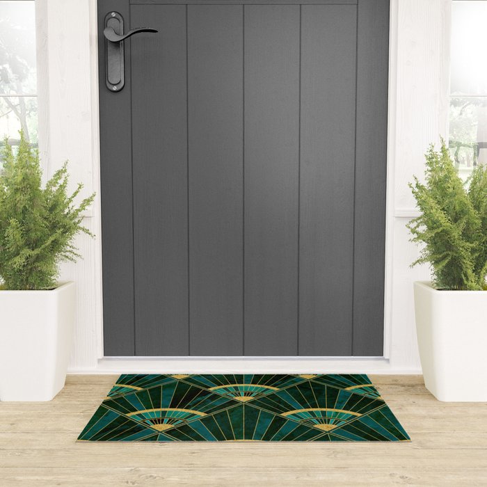 Art Deco Real Green Marbled Geometric Pattern Welcome Mat Gallery Image 3