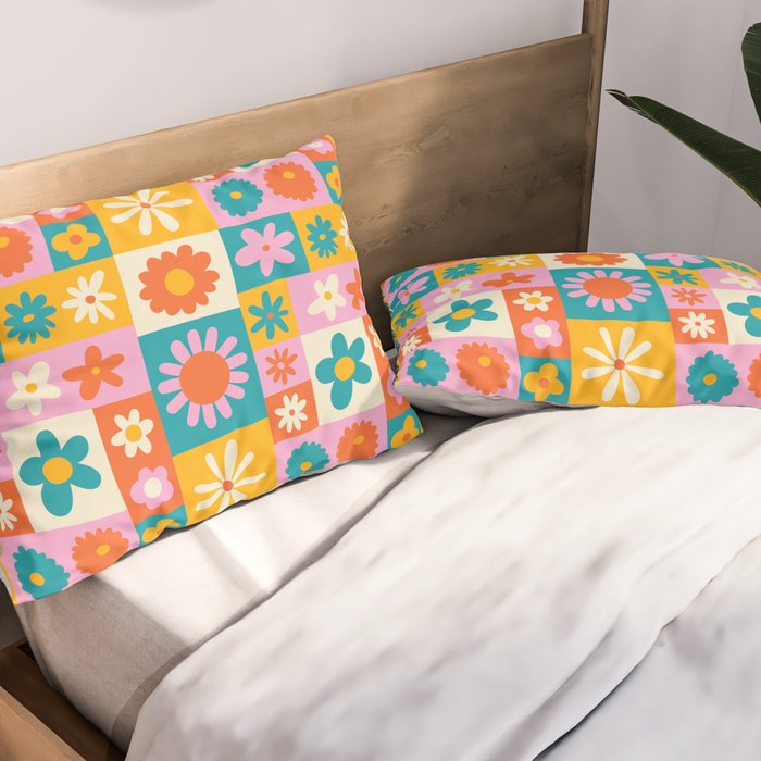 Colorful vintage flower checkered art pattern Pillow Sham Gallery Image 2