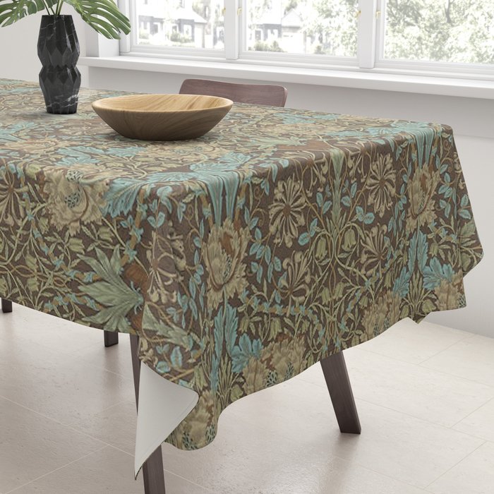 William Morris Honeysuckle & Tulip Taupe and Aqua Tablecloth Gallery Image 3