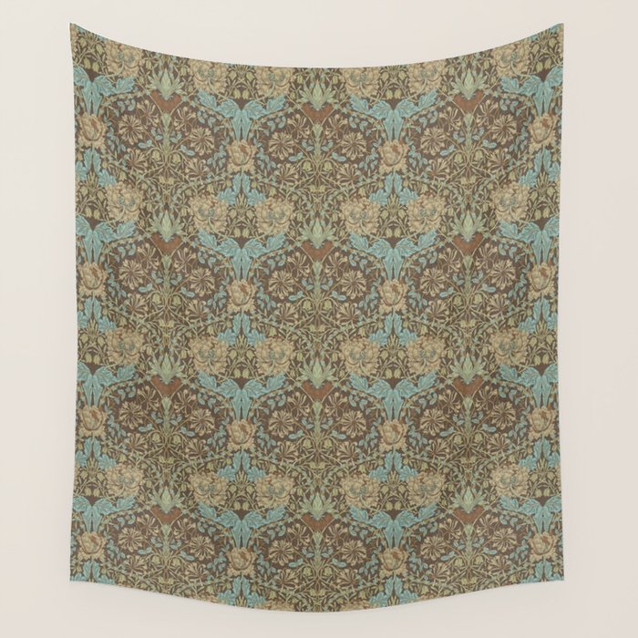 William Morris Honeysuckle & Tulip Taupe and Aqua Wall Tapestry Gallery Image 1