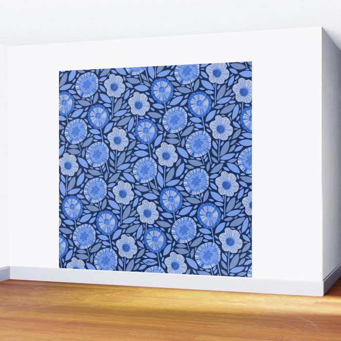 Folk Floral Blossoms in Midnight Blue Wall Mural Gallery Image 2