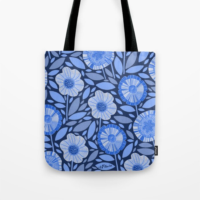Folk Floral Blossoms in Midnight Blue Tote Bag Gallery Image 1