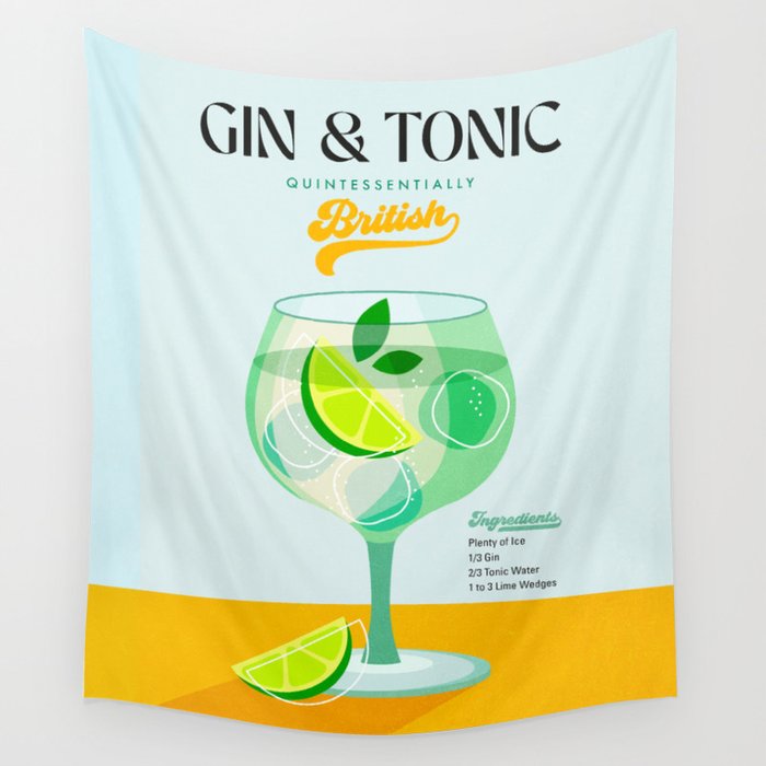 Minimal Gin Tonic cocktail illustration - Aqua Orange Wall Tapestry Gallery Image 4
